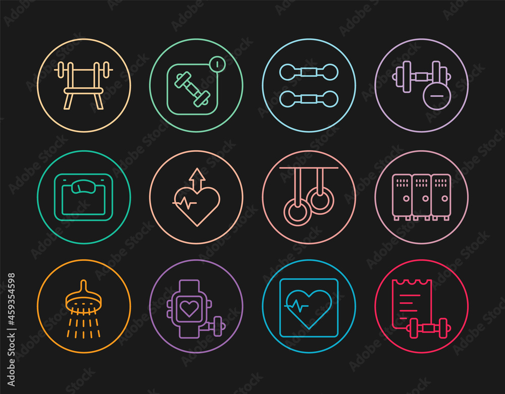 Set line Sport training program, Locker changing room, Dumbbell, Heartbeat increase, Bathroom scales, Bench with barbell, Gymnastic rings and Fitness app icon. Vector Set line Sport training program, Locker changing room, Dumbbell, Heartbeat increase, Bathroom scales, Bench with barbell, Gymnastic rings and Fitness app icon. Vector
