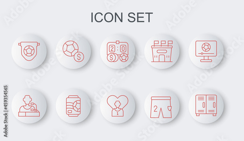 Set line Locker or changing room, Football player press conference, betting money, Shorts for playing football, flag pennant, Soccer, Beer can and soccer icon. Vector