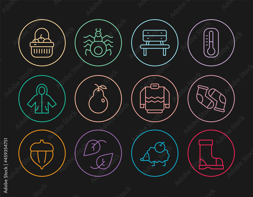 Set line Waterproof rubber boot, Socks, Bench, Pear, Raincoat, Basket and food, Sweater and Spider icon. Vector Set line Waterproof rubber boot, Socks, Bench, Pear, Raincoat, Basket and food, Sweater and Spider icon. Vector