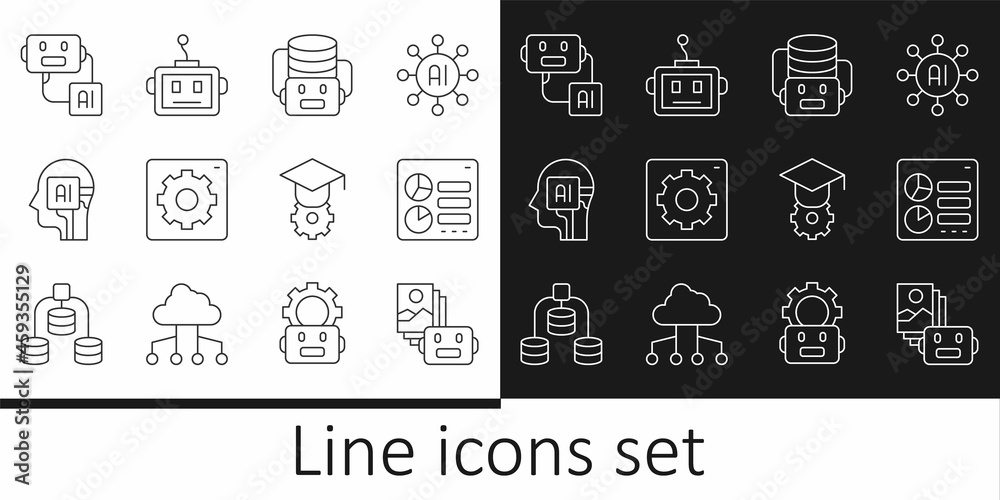 Set line Artificial intelligence robot, Computer api interface, Humanoid, Graduation cap and icon. Vector Set line Artificial intelligence robot, Computer api interface, Humanoid, Graduation cap and icon. Vector