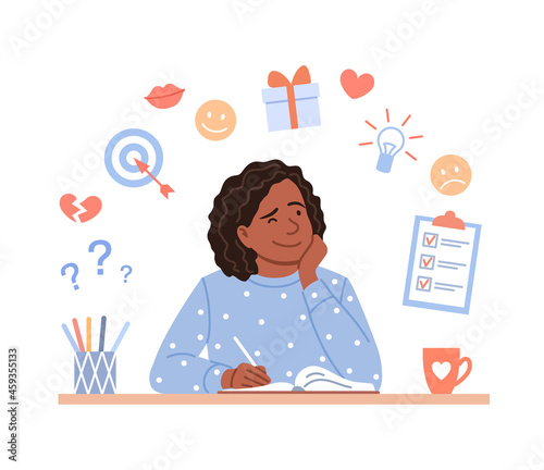 Happy black teenage girl writes diary concept. Young flat sitting afro girl portrait plans in organizer, draws creative pages or journal, writes plan, aims, ideas, notes. Cartoon vector illustration.