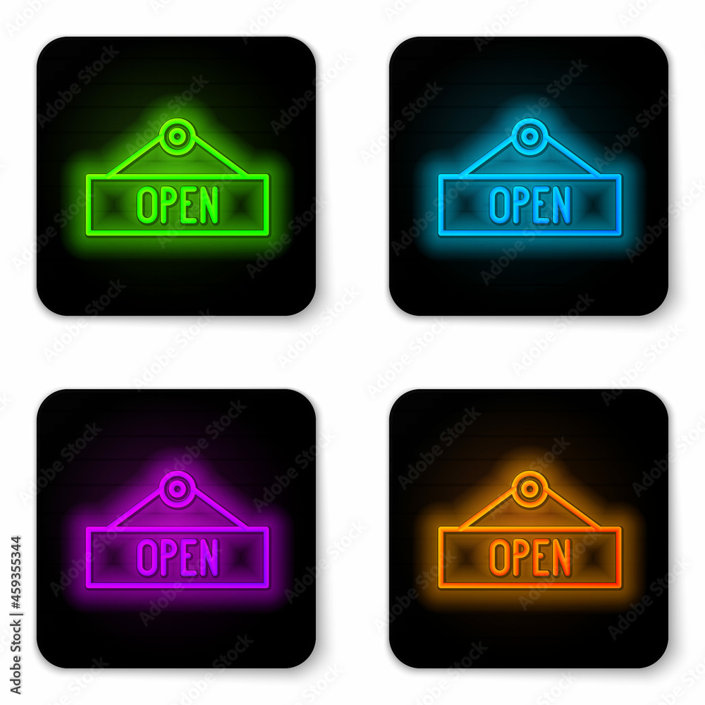 Glowing neon line Hanging sign with text Open door icon isolated on white background. Black square button. Vector Illustration Glowing neon line Hanging sign with text Open door icon isolated on white background. Black square button. Vector Illustration