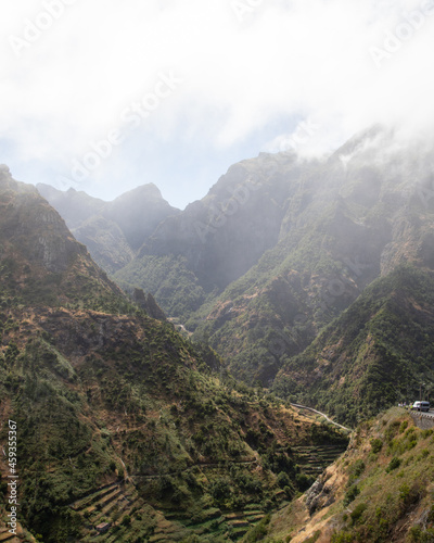 Scenic Mountains with fog at Madeira Island in Portugal