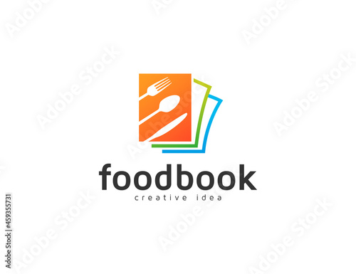 Food logo with books, fork, spoon, kitchen knife illustration