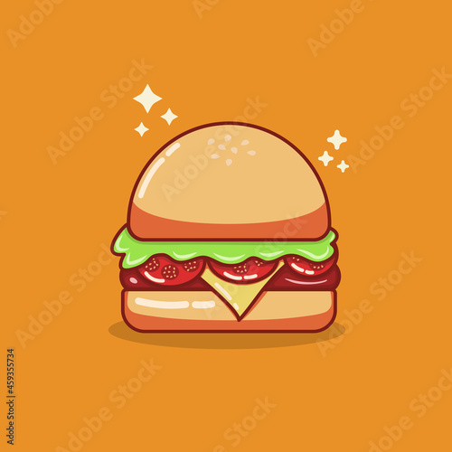Vector illustration of fast food hamburger. Isolated on flat design on orange background. flat design