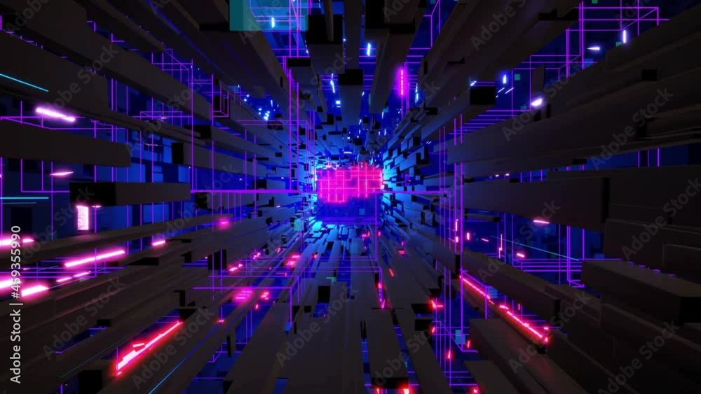 Deep tech or information technology concept. 3d looped background motion graphic. Blue dark sci fi bg flight through tech digital space, neon light. Hi-tech information flow in blockchain or bigdata.