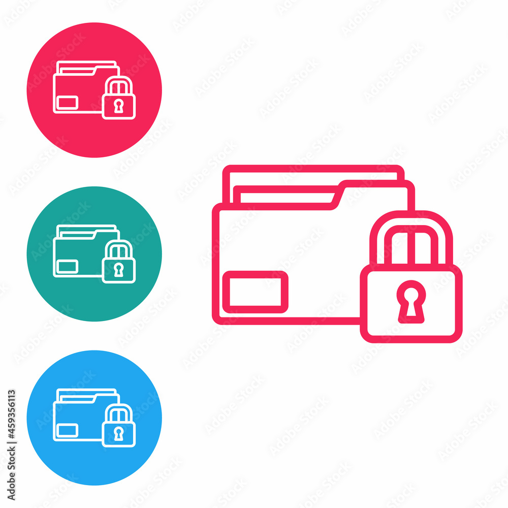 Red line Folder and lock icon isolated on white background. Closed folder and padlock. Security, safety, protection concept. Set icons in circle buttons. Vector Red line Folder and lock icon isolated on white background. Closed folder and padlock. Security, safety, protection concept. Set icons in circle buttons. Vector