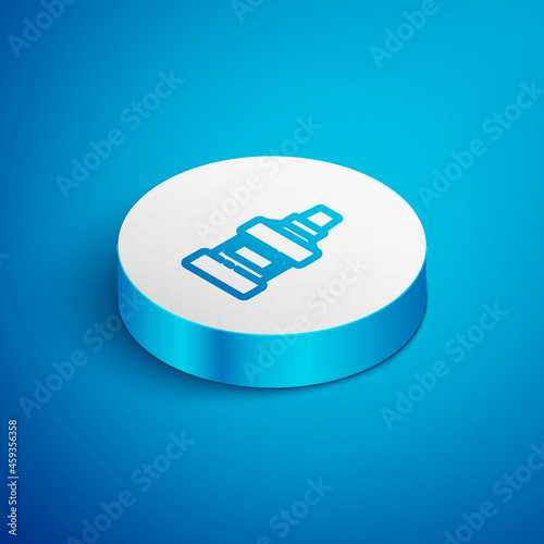 Isometric line Mouthwash plastic bottle and glass icon isolated on blue background. Liquid for rinsing mouth. Oralcare equipment. White circle button. Vector