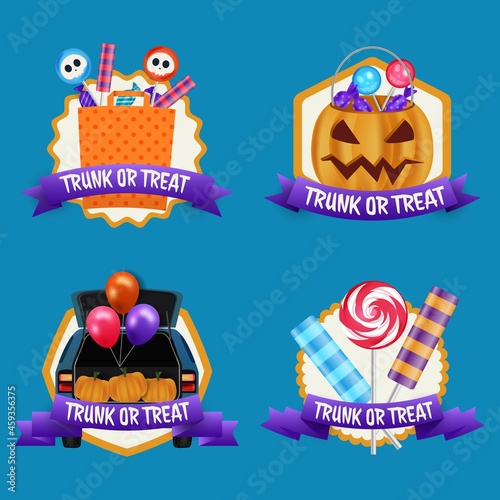 realistic trunk treat labels collection vector design illustration