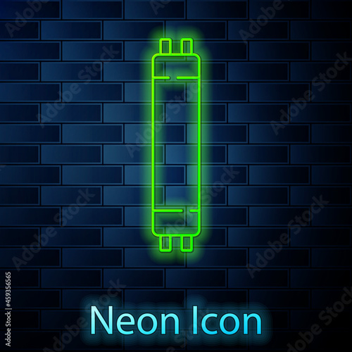 Glowing neon line Long luminescence fluorescent energy saving lamp icon isolated on brick wall background. Vector
