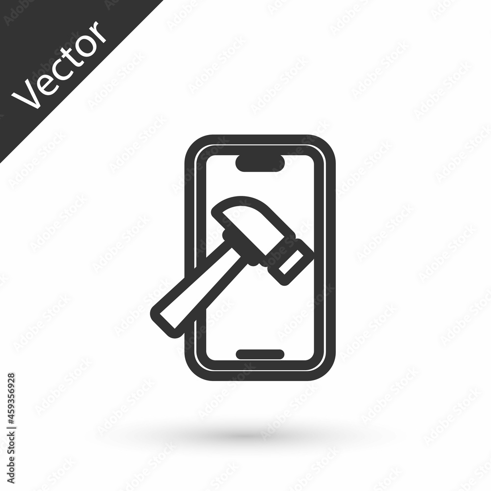 Grey line Smartphone with broken screen icon isolated on white background. Shattered phone screen icon. Vector Grey line Smartphone with broken screen icon isolated on white background. Shattered phone screen icon. Vector