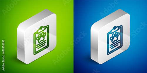 Isometric line Clipboard with medical clinical record pet icon isolated on green and blue background. Health insurance form. Medical check marks report. Silver square button. Vector