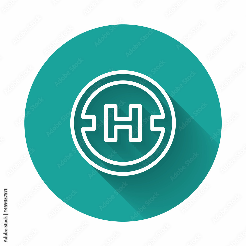 White line Helicopter landing pad icon isolated with long shadow background. Helipad, area, platform, H letter. Green circle button. Vector White line Helicopter landing pad icon isolated with long shadow background. Helipad, area, platform, H letter. Green circle button. Vector