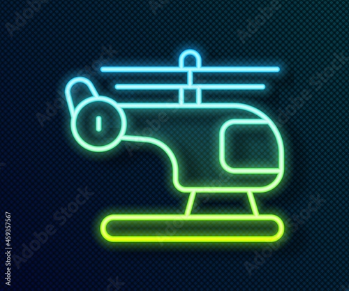 Glowing neon line Helicopter aircraft vehicle icon isolated on black background. Vector