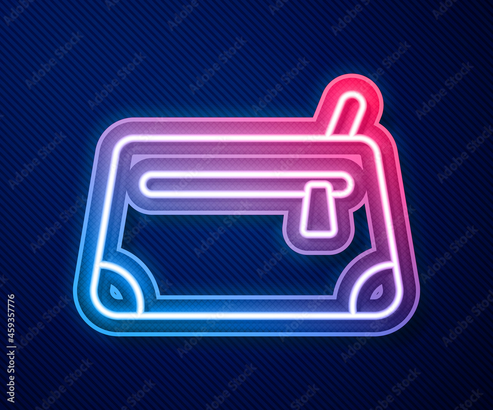 Fototapeta premium Glowing neon line Cosmetic bag icon isolated on blue background. Vector