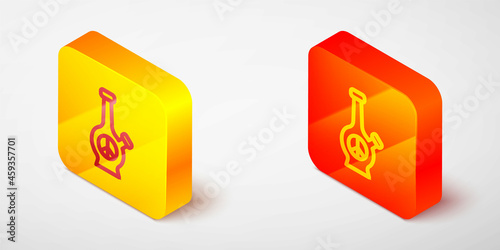Isometric line Glass bong for smoking marijuana or cannabis icon isolated on grey background. Yellow and orange square button. Vector