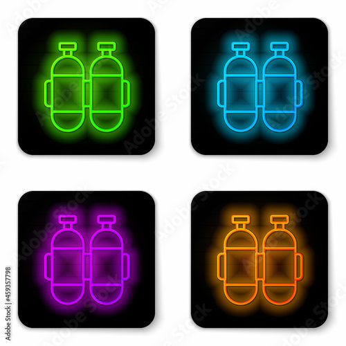 Glowing neon line Aqualung icon isolated on white background. Oxygen tank for diver. Diving equipment. Extreme sport. Diving underwater equipment. Black square button. Vector