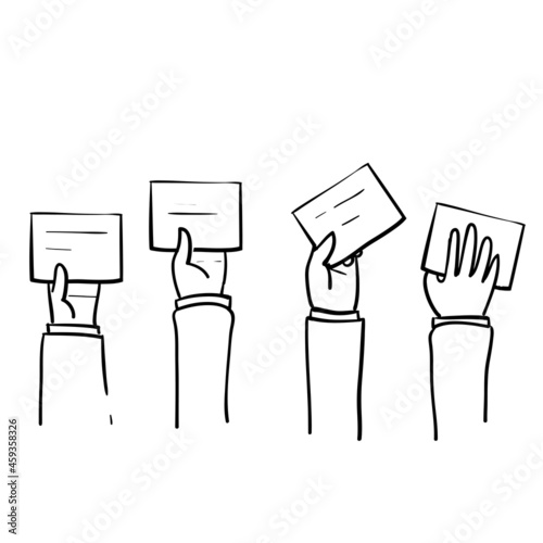 hand drawn doodle hand raised up with paper or placard symbol for voting process, bidding icon