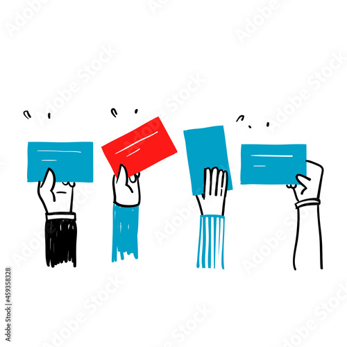 hand drawn doodle hand raised up with paper or placard symbol for voting process, bidding icon