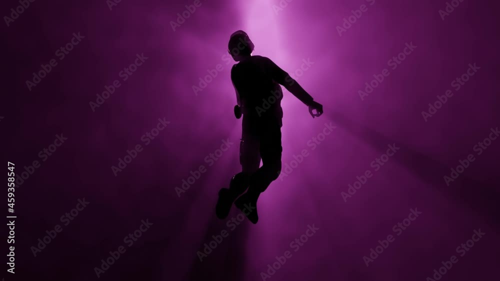 Person floating in fog , mist. Astral plane.  Soldier floats in ethereal realm. Silhouette of man in Volumetric light rays. 3d render animation