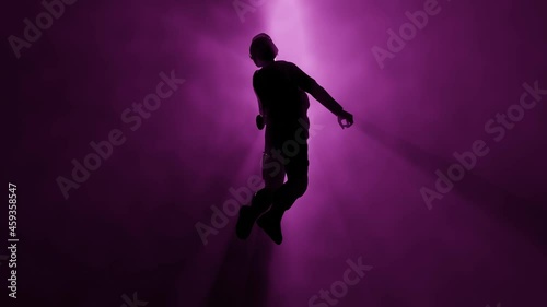 Person floating in fog , mist. Astral plane.  Soldier floats in ethereal realm. Silhouette of man in Volumetric light rays. 3d render animation
