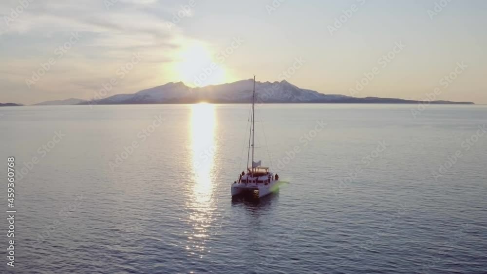 Catamaran sailing arctic waters drone Catamaran sailing arctic waters drone