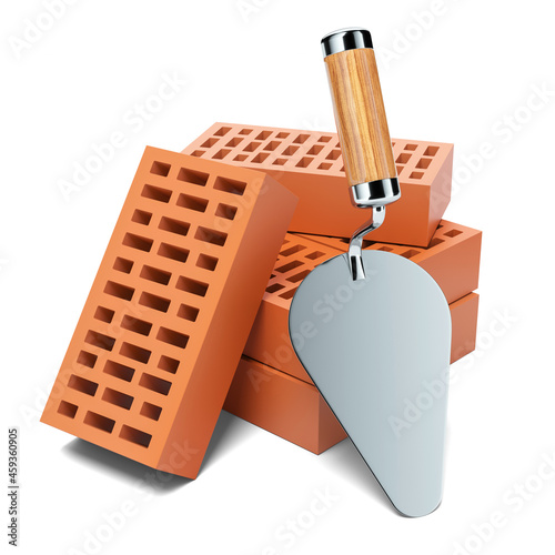 Brick trowel and bricks. Bricklaying. 3D