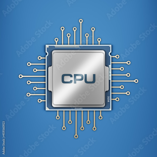 CPU chip core with golden board tracks on blue background. 3D