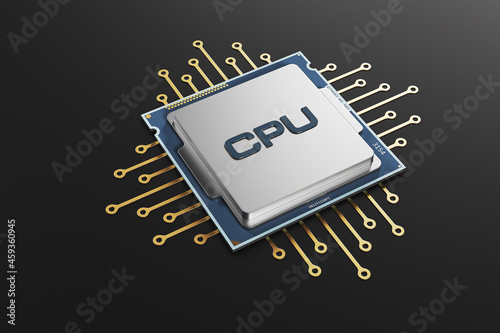 CPU chip core with golden board tracks. 3D