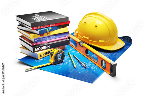 Design and construction concept. Construction engineer blueprints and tools.3D
