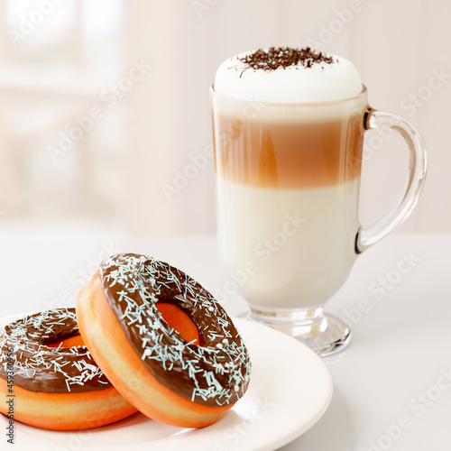 Glass of coffee latte and sweet dougdonuts on table. 3d