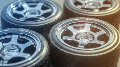 Group of car wheels. Chromium rims. 3D