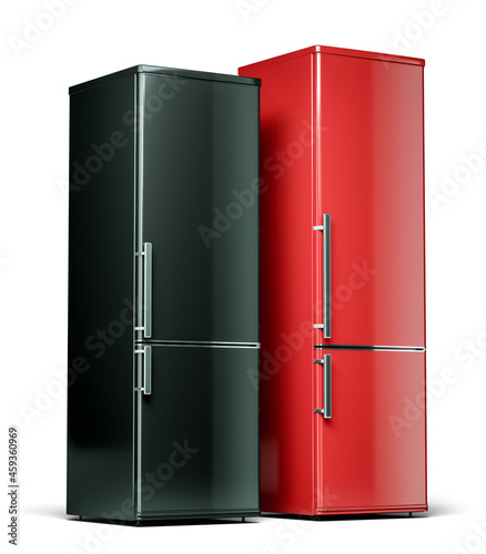 Home appliances. Red and black refrigerators. 3D