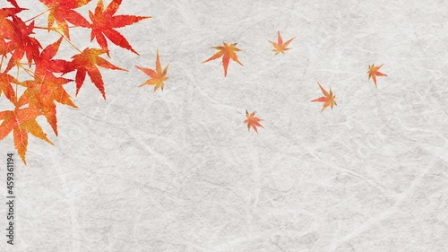 和紙の背景に紅葉の葉がゆっくりと舞う