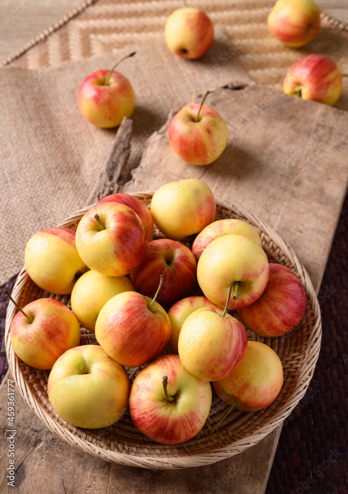 Fresh red apple fruit in a basket on wooden background, Still Life Fresh red apple fruit in a basket on wooden background, Still Life