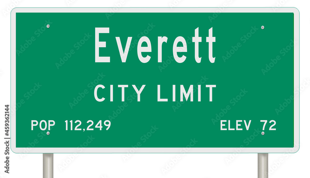 Rendering of a green Washington state highway sign with city information