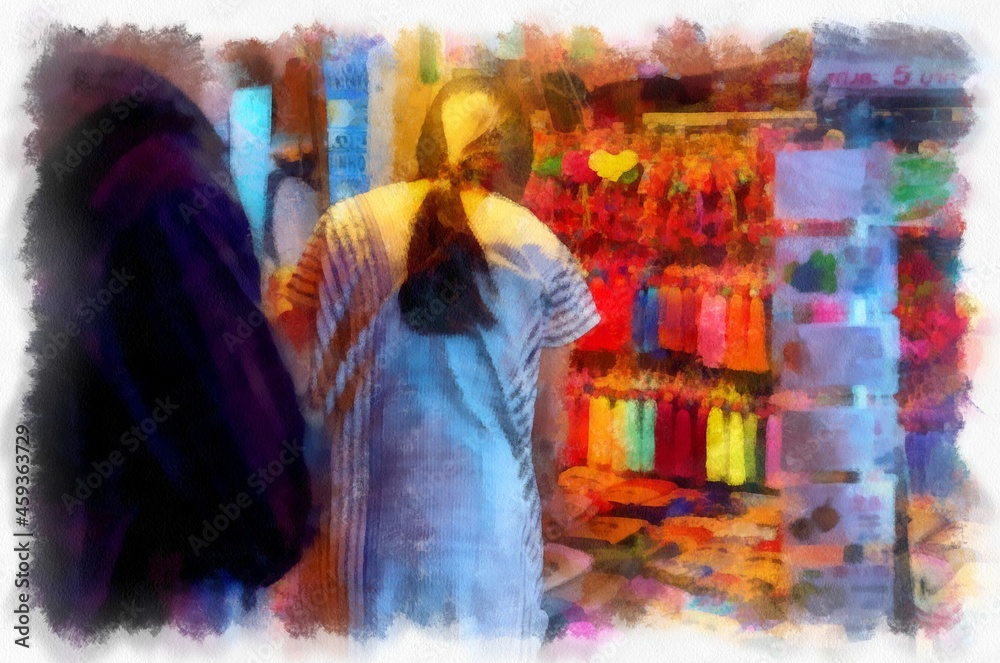 Chiang Mai Walking Street Thailand A local handicraft market watercolor style illustration impressionist painting.