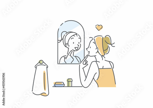 洗面台で鏡を見る若い女性　スキンケア　シンプルでお洒落な線画イラスト