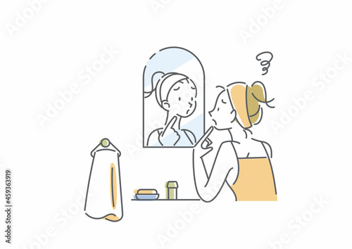 洗面台で鏡を見る若い女性　スキンケア　シンプルでお洒落な線画イラスト