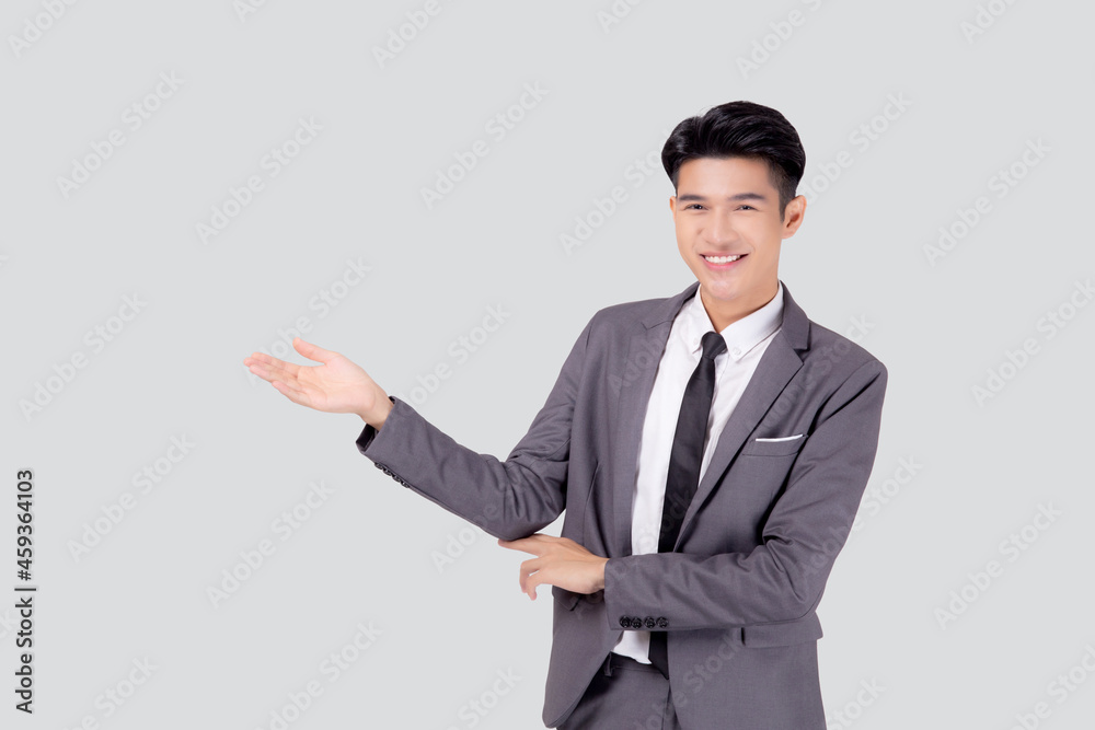 Portrait young asian business man in suit presenting isolated on white background, advertising and marketing, executive and manager, male confident showing success, expression and emotion. Portrait young asian business man in suit presenting isolated on white background, advertising and marketing, executive and manager, male confident showing success, expression and emotion.