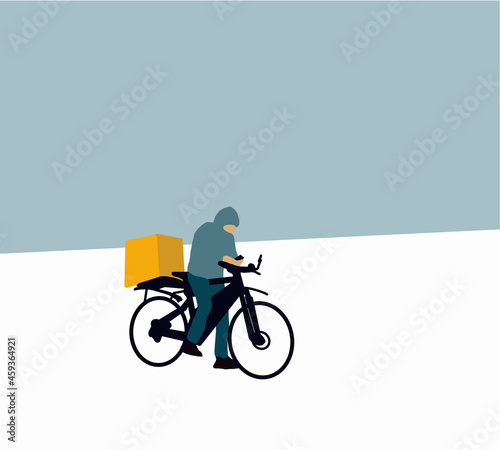Courier man on bicycle with parcel box delivering food In city. Ecological fast delivery concept. Express delivery service. Vector illustration
