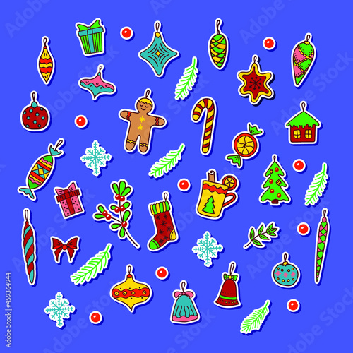 Cute hand drawn doodle stickers. Merry Christmas and Happy New Year set. Cartoon design elements: fir tree, balls, toys decorations, gift boxes, stars, snowflakes, gingerbread colorful outline icons 