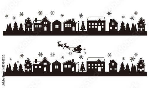 シンプルでかわいいシルエットの冬の街並みのベクターイラスト素材／ビル／家／クリスマス