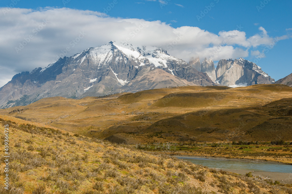 Morning view of Torres mountains. Torres del Paine national park.