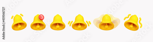 Bell notifications. Set of Bells Icon with new message web chat yellow colors. Realistic 3d object. Isolated on white background. Vector illustration