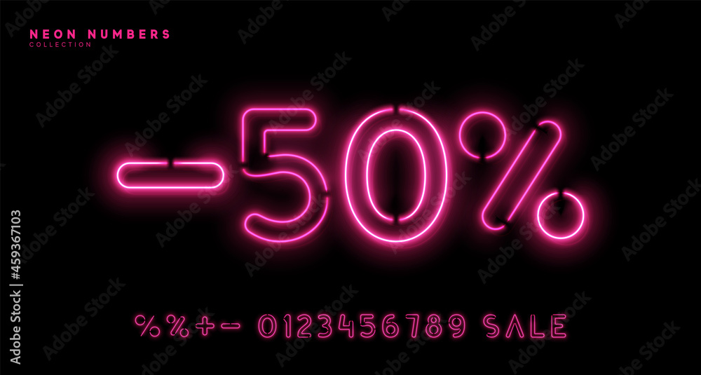 Neon numbers. Bright set of symbols with glowing backlight. 1, 2, 3, 4, 5, 6, 7, 8, 9, 0 percent sign. Discount sale. linear Light garland lilac and pink color. Vector illustration