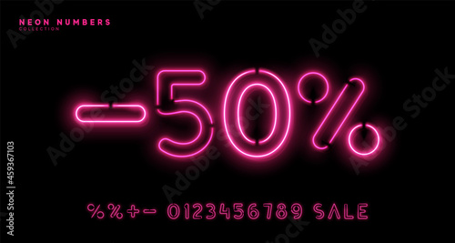 Neon numbers. Bright set of symbols with glowing backlight. 1, 2, 3, 4, 5, 6, 7, 8, 9, 0 percent sign. Discount sale. linear Light garland lilac and pink color. Vector illustration