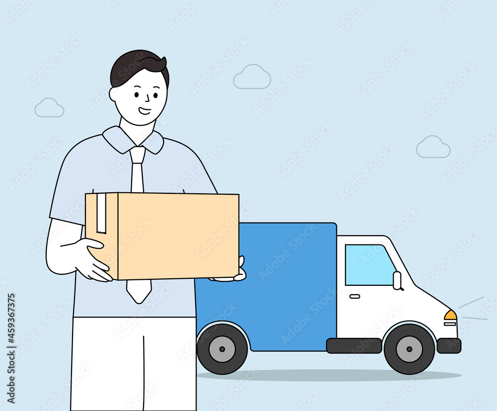 An office worker who received various items ordered from the company by courier illustration set. truck, shipping, source, service, transport. Vector drawing. Hand drawn style. An office worker who received various items ordered from the company by courier illustration set. truck, shipping, source, service, transport. Vector drawing. Hand drawn style.