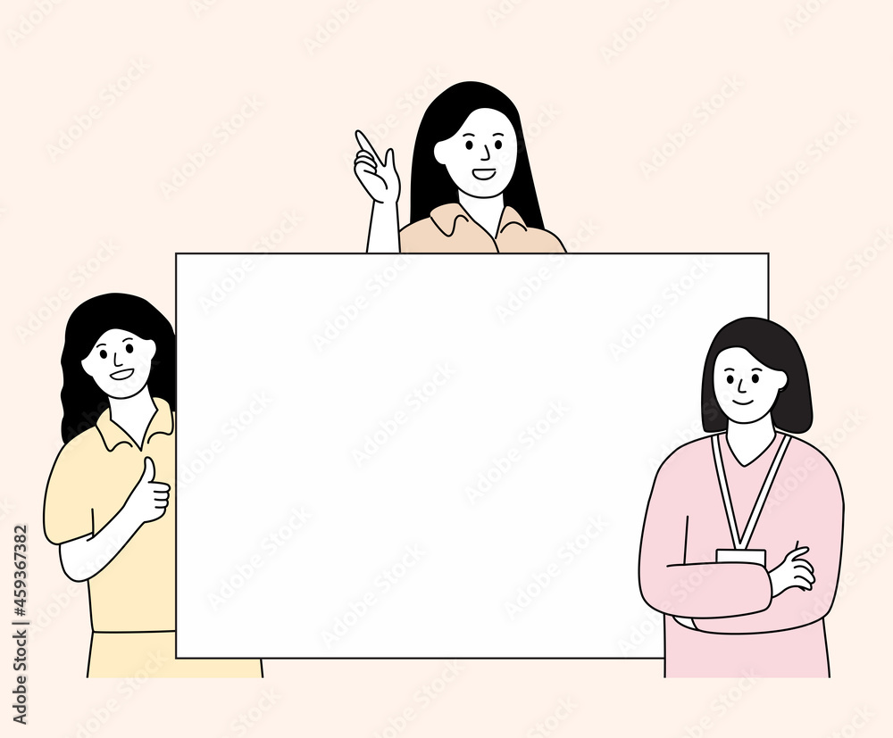 Staff members who guide you on new announcements illustration set. work, news, paper, notice, event. Vector drawing. Hand drawn style. Staff members who guide you on new announcements illustration set. work, news, paper, notice, event. Vector drawing. Hand drawn style.