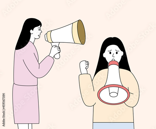 Staff members who express their opinions with megaphone illustration set. notice, news, banner, point, signal.  Vector drawing. Hand drawn style.